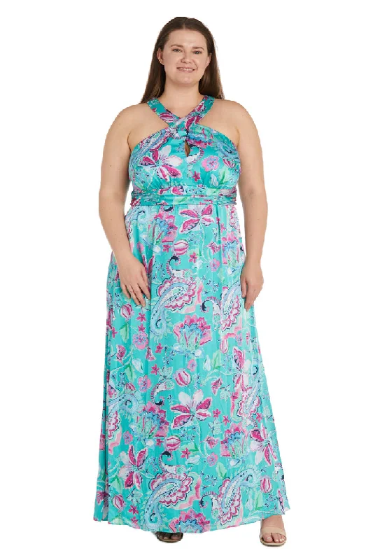 Limited Time R&M Richards 1260W Long Formal Plus Size Printed Cross Over Halter Dress