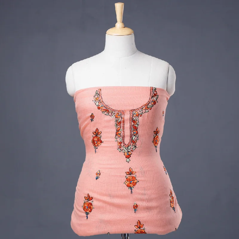 Final Sale Peach - Kashidakari Hand Embroidery Handloom Kota Doria Kurta Material - 2.6 M