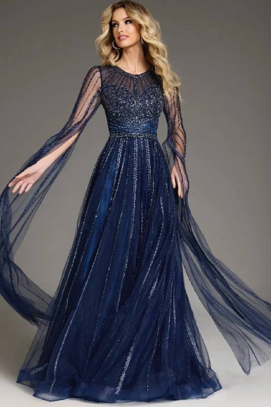 Get It Before It’s Gone Jovani 40629 Long A Line Beaded Formal Cape Sleeve Dress