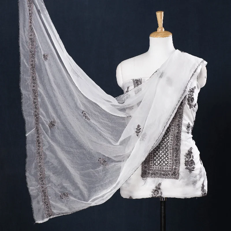 Seasonal Clearance White - 2pc Hand Embroidery Chanderi Silk Chikankari Dress Material