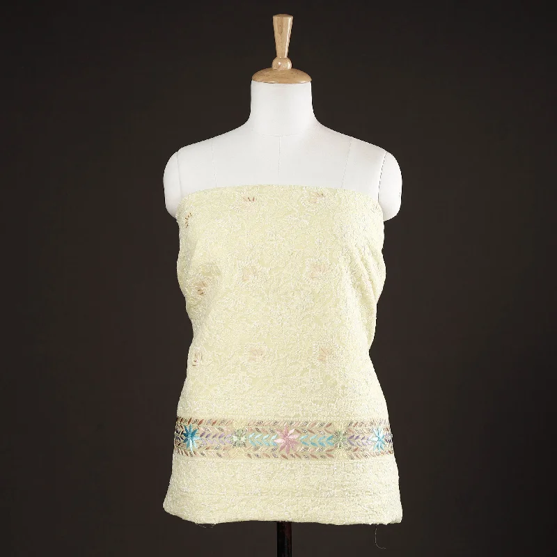 Discount Extravaganza Yellow - Lucknow Chikankari with Parsi Style Embroidered Cotton Kurta Material - 2.9 Meter