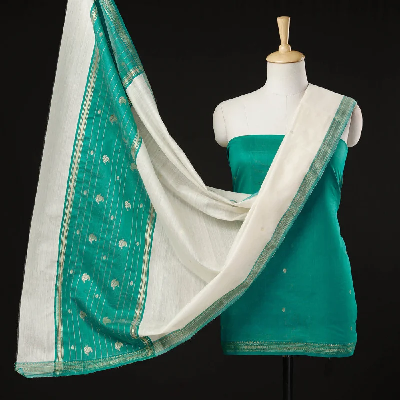 Super Sale Green - 3pc Chanderi Silk Handloom Zari Buti Suit Material Set with Nakshi Zari Border