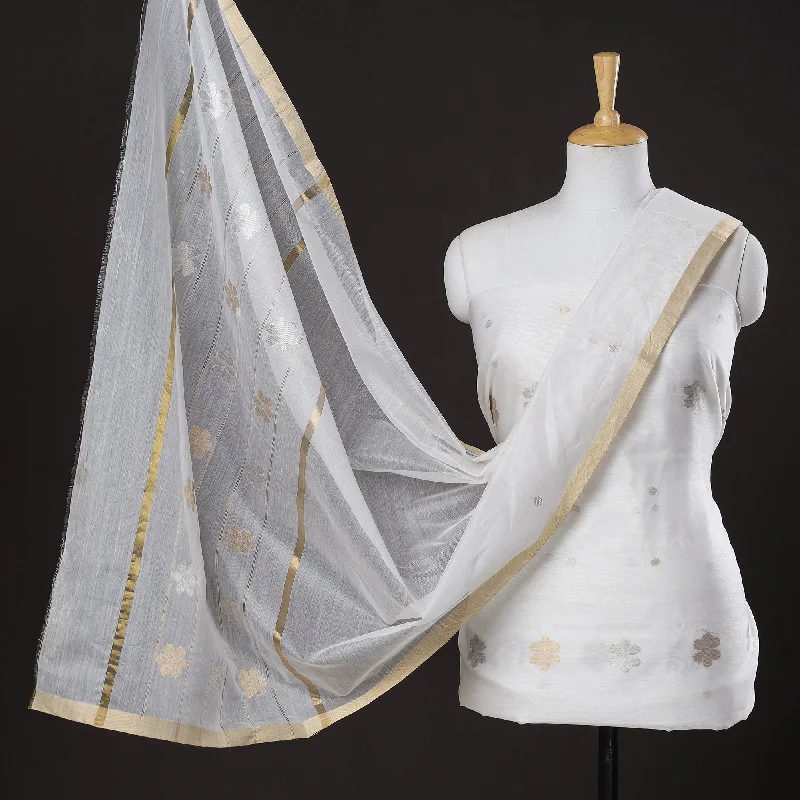 Markdowns White - 2pc Chanderi Silk Handloom Flower Zari Buta Suit Material Set