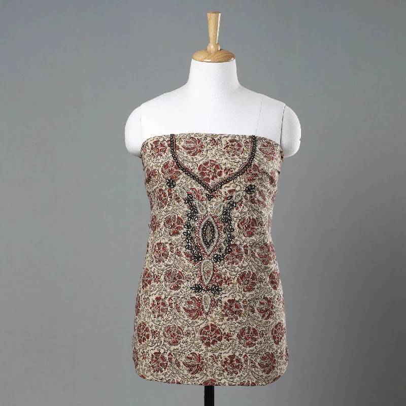 Exclusive Access Beige - Kalamkari Block Printed Kundan & Bead Work Hand Embroidery Cotton Kurta Material - 2.6 Meter