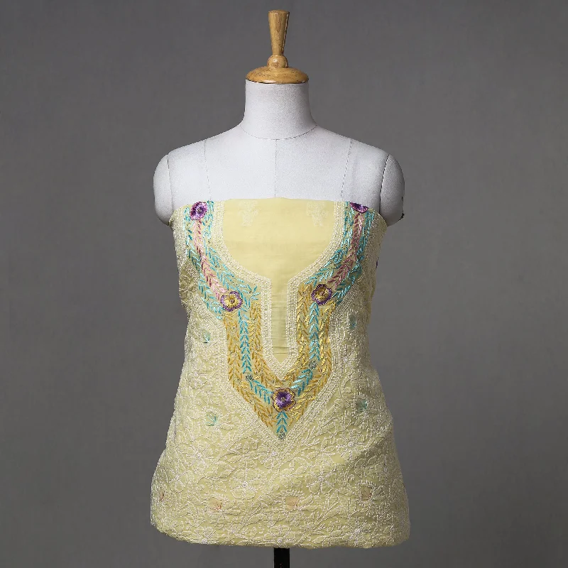 Shop and Save Yellow - Lucknow Chikankari with Parsi Style Embroidered Cotton Kurta Material - 2.9 Meter