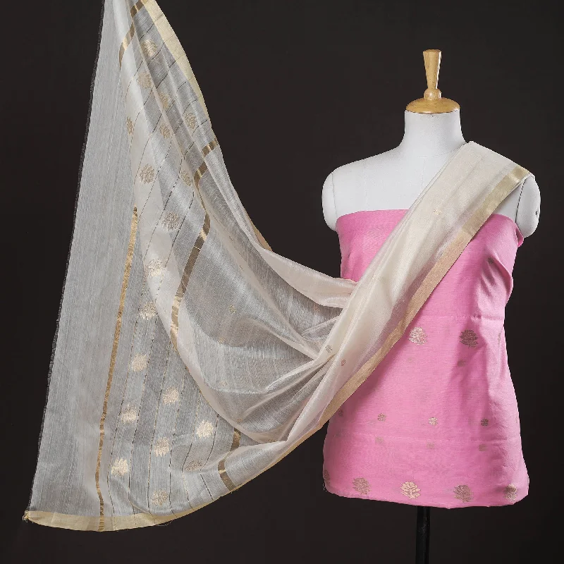 Daily Deals Pink - 2pc Chanderi Silk Handloom Flower Zari Buta Suit Material Set
