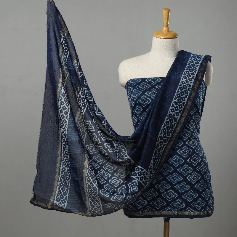 Best Deals Blue - 3pc Chanderi Silk Indigo Bagru Print Dress Material 02