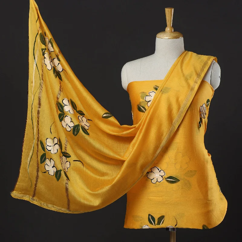 Savings Bonanza Yellow - 3pc Hand Painted Chanderi Silk Suit Material Set 07