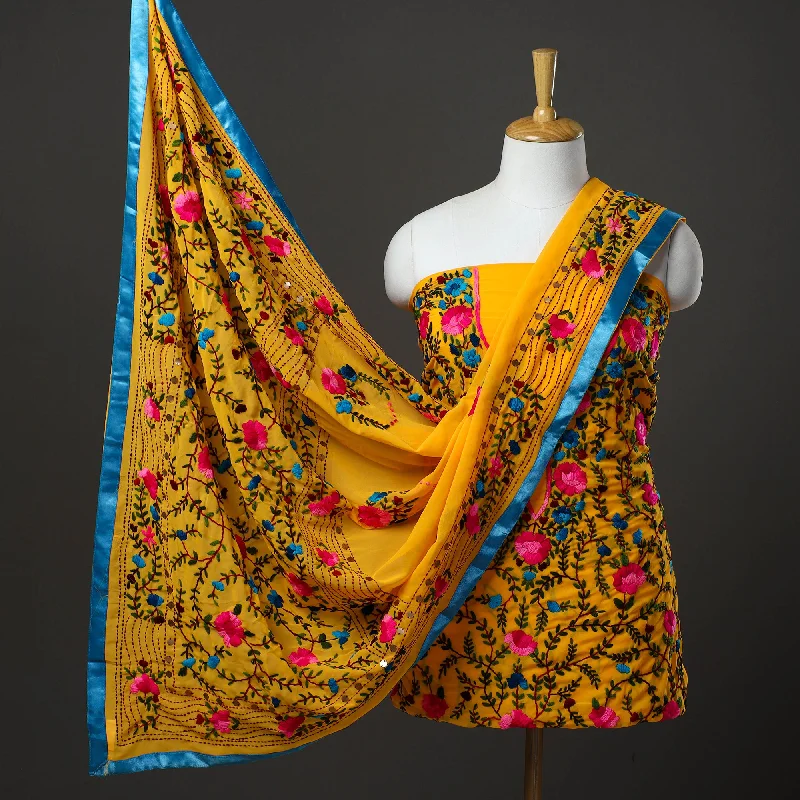 Last Chance Yellow - 3pc Hand Embroidery Georgette Phulkari Dress Material 04