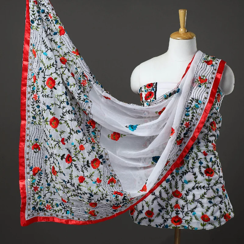 Price Blitz White - 3pc Hand Embroidery Georgette Phulkari Dress Material 65