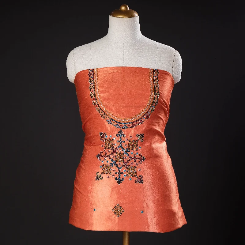 Weekend Deal Orange - Special Kutchi Hand Embroidery Mashru Silk Kurta Material