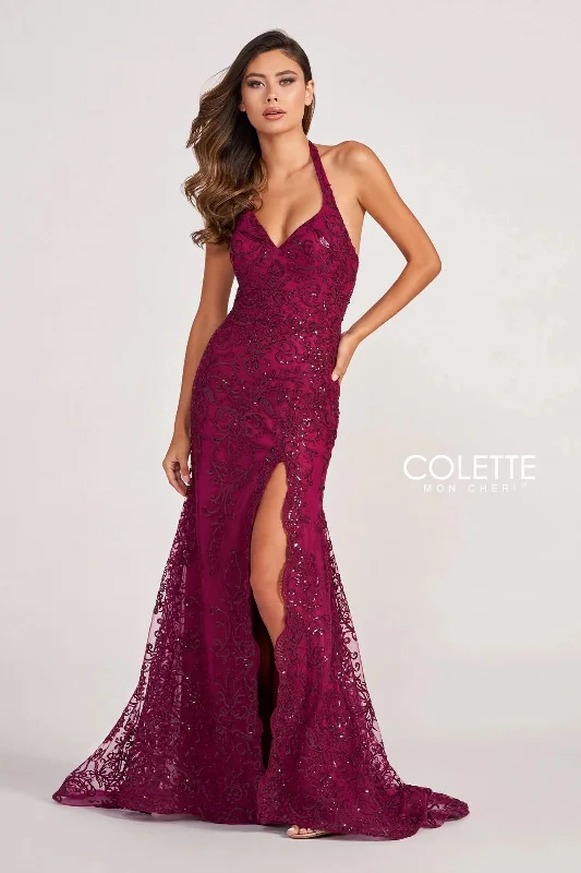 YEAR-End Sale Colette CL2027 Long Fitted Formal Halter Prom Dress