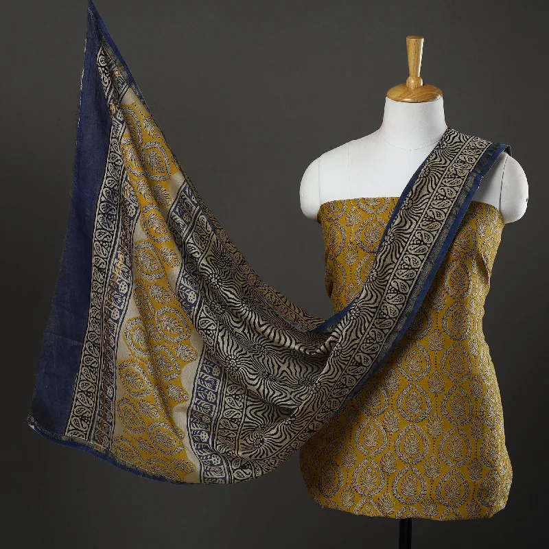 Price Buster Yellow - 3pc Bagru Print Chanderi Silk Dress Material 10