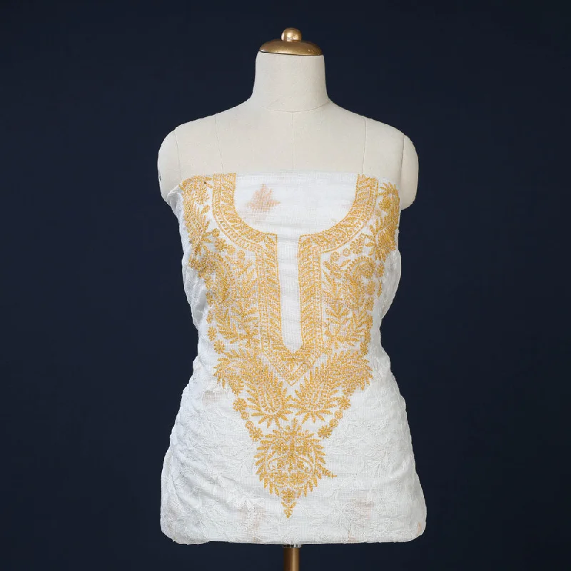 Must-Have Deals White - Chikankari Tepchi Hand Embroidered Kota Doria Cotton Kurta Material
