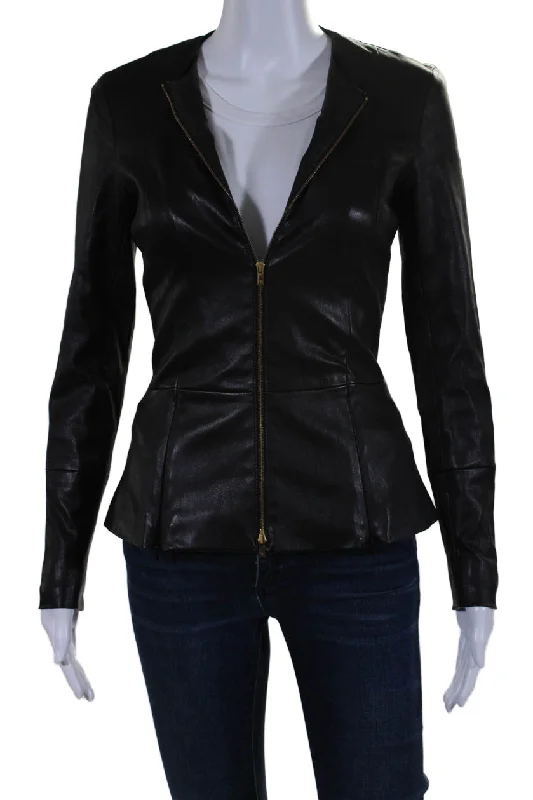 Referral Discount The Row Womens Long Sleeve Front Zip Crew Neck Leather Jacket Black