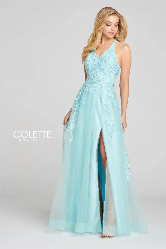 Overstock Sale Colette CL12120 Glitter Formal Long Halter Prom Dress
