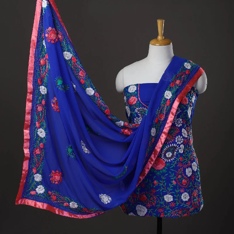 Price Meltdown Blue - 3pc Hand Embroidery Georgette Phulkari Dress Material 28
