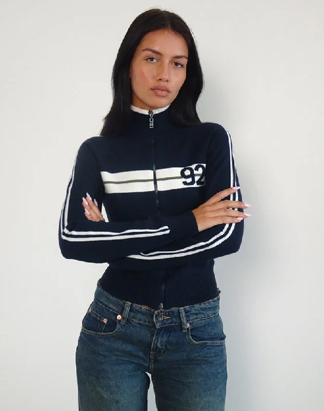 Hurry In Takiya Zip Through Jacket in Deep Navy with 92 Design