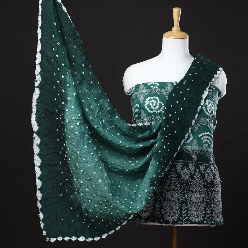 Instant Discount Green - 3pc Kutch Bandhani Tie-Dye Satin Cotton Suit Material Set