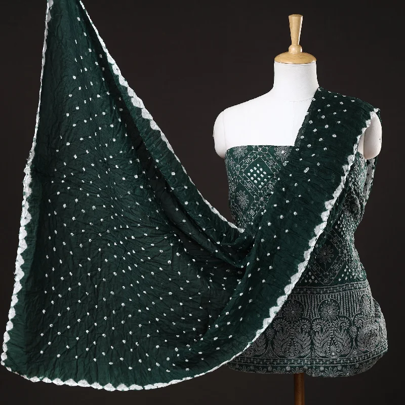 Members Only Green - 3pc Kutch Bandhani Tie-Dye Mirror Work Satin Cotton Suit Material Set 28 Members Only Green - 3pc Kutch Bandhani Tie-Dye Mirror Work Satin Cotton Suit Material Set 28