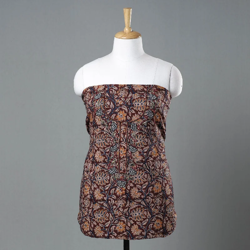Blowout Sale Multicolor - Kalamkari Block Printed Kundan & Bead Work Hand Embroidery Cotton Kurta Material - 2.55 Meter