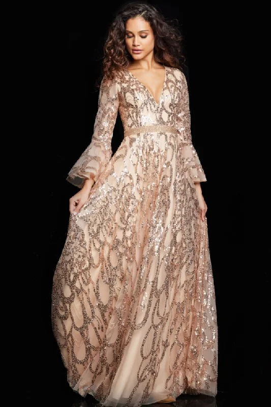 Super Deal Jovani 36380 Long A Line Sequin Formal Bell Sleeve Evening Dress