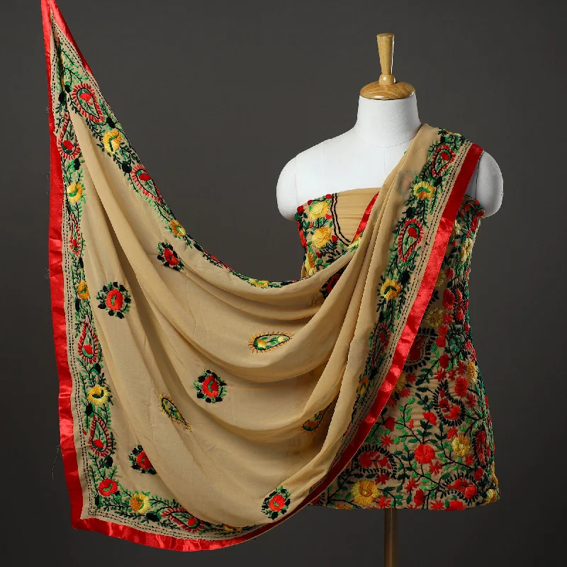 Great Deals Brown - 3pc Hand Embroidery Georgette Phulkari Dress Material 48