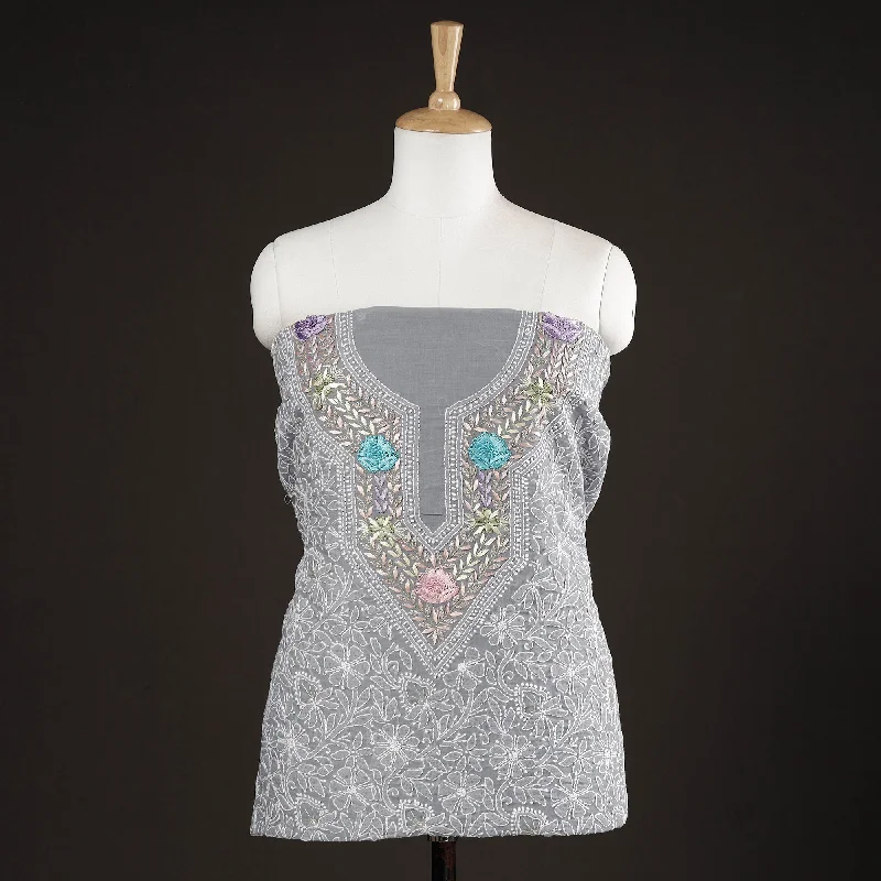 Amazing Deals Grey - Lucknow Chikankari with Parsi Style Embroidered Cotton Kurta Material - 2.9 Meter