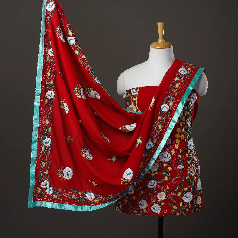 Price Drop Red - 3pc Hand Embroidery Georgette Phulkari Dress Material 12