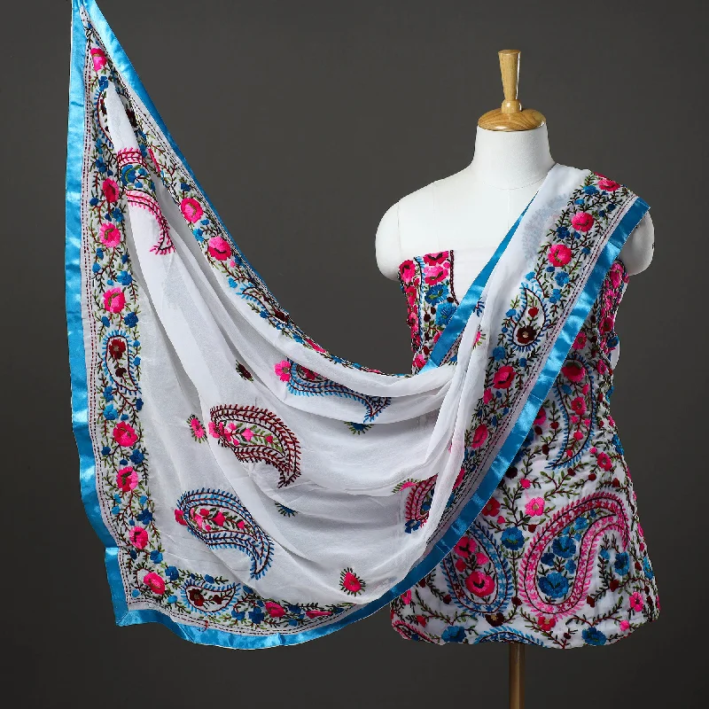 Buy Now White - 3pc Hand Embroidery Georgette Phulkari Dress Material 52