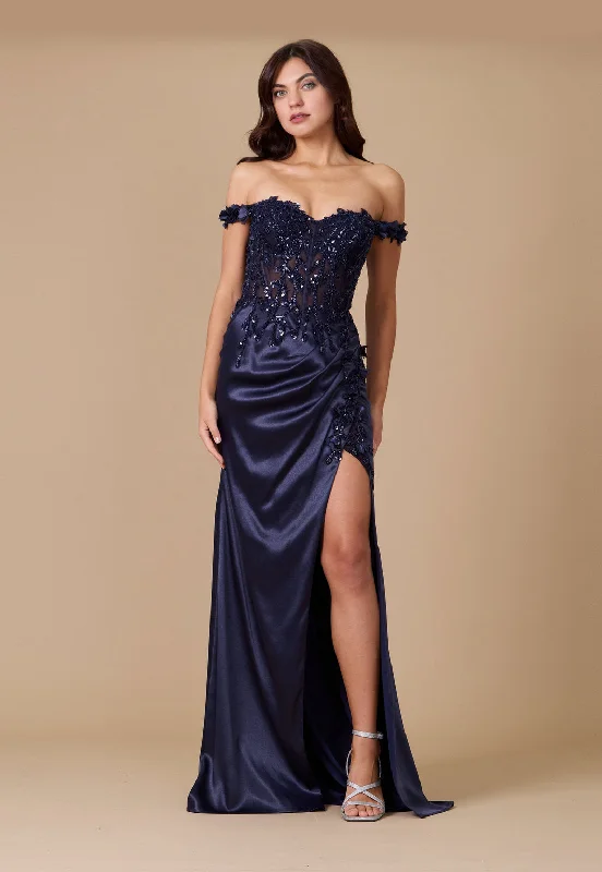 Loyalty Reward Fitted Corset Off the Shoulder Formal Prom Dress Navy