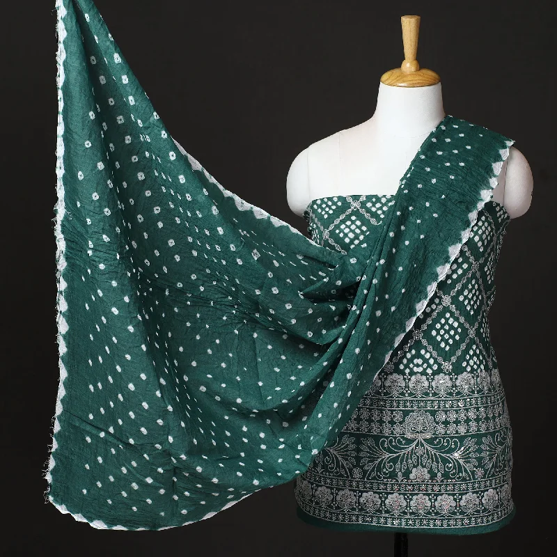 Price Cut Green - 3pc Kutch Bandhani Tie-Dye Sequin Work Satin Cotton Suit Material Set 26 Price Cut Green - 3pc Kutch Bandhani Tie-Dye Sequin Work Satin Cotton Suit Material Set 26