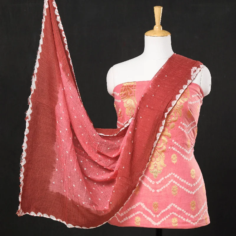 Hot Deal Pink - 3pc Kutch Bandhani Tie-Dye Satin Cotton Heavy Zari Work Suit Material Set