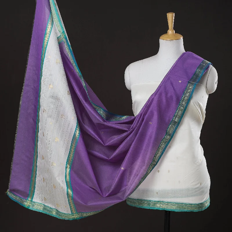 Deal Mania White - 3pc Chanderi Silk Handloom Nakshi Zari Suit Material Set