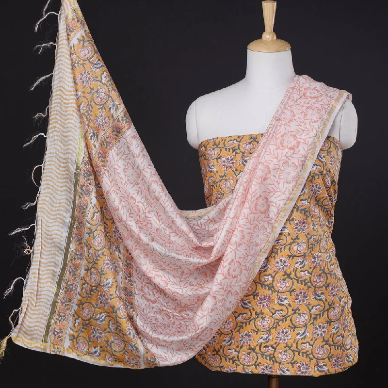 Anniversary Sale Orange - 3pc Sanganeri Block Printed Chanderi Silk Suit Material Set