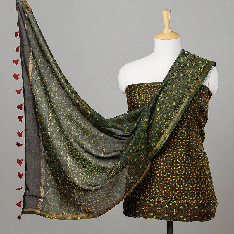 Year-End Sale Green - 2pc Ajrakh Block Printed Chanderi Silk Suit Material Set