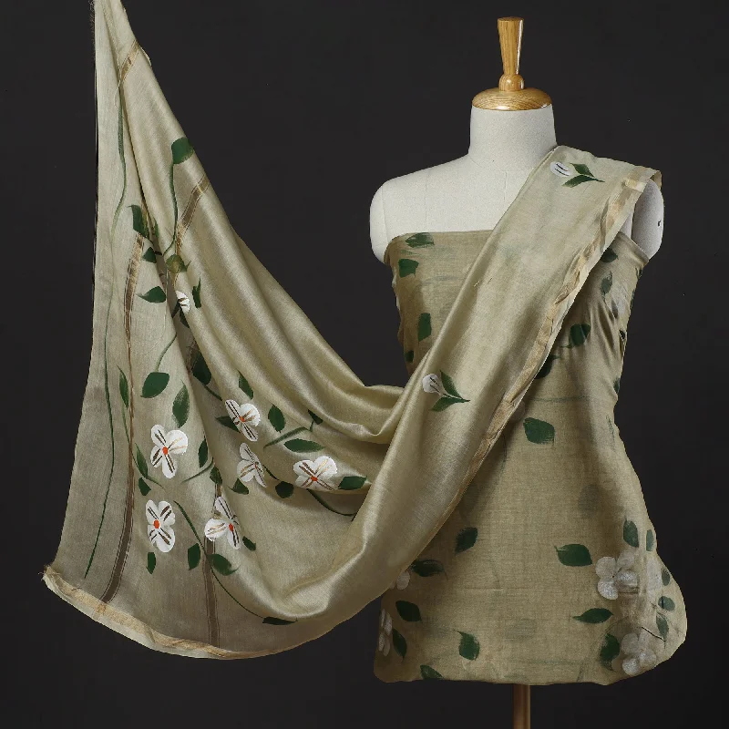 Exclusive Deal Beige - 3pc Hand Painted Chanderi Silk Suit Material Set 09