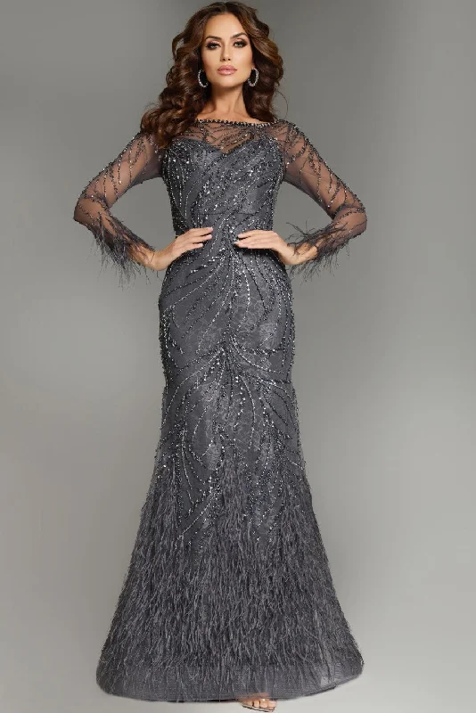 Discount Days Jovani 37560 Fitted Long Sleeve Feather Evening Formal Dress