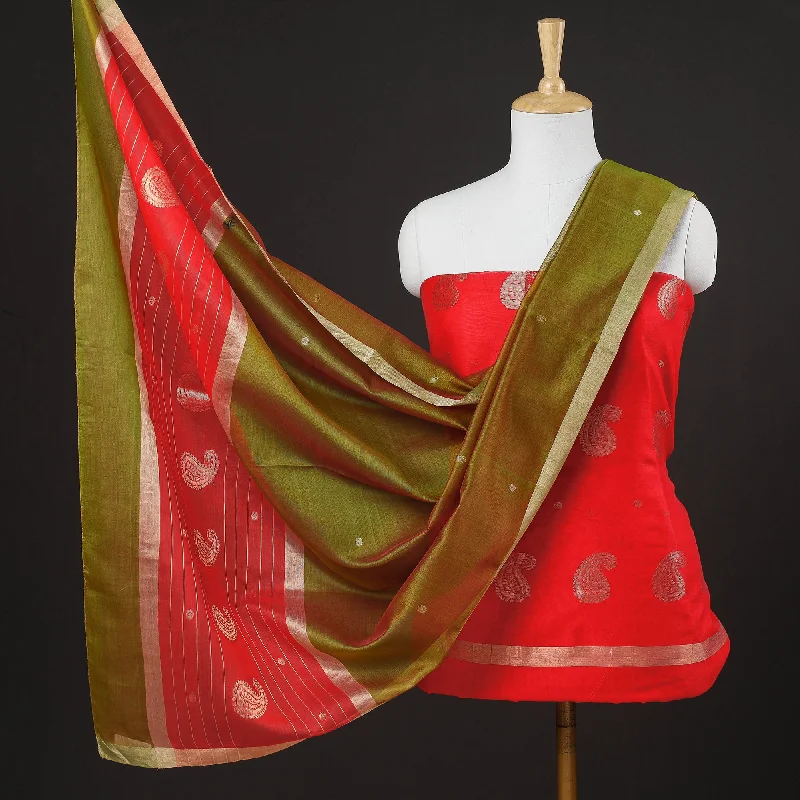 Final Clearance Red - 2pc Handloom Chanderi Silk Zari Buti Suit Material Set