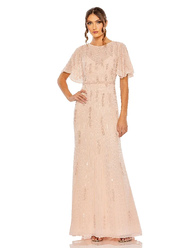Stock Clearance Mac Duggal 11014 A Line Formal Beaded Flutter Sleeve Evening Gown