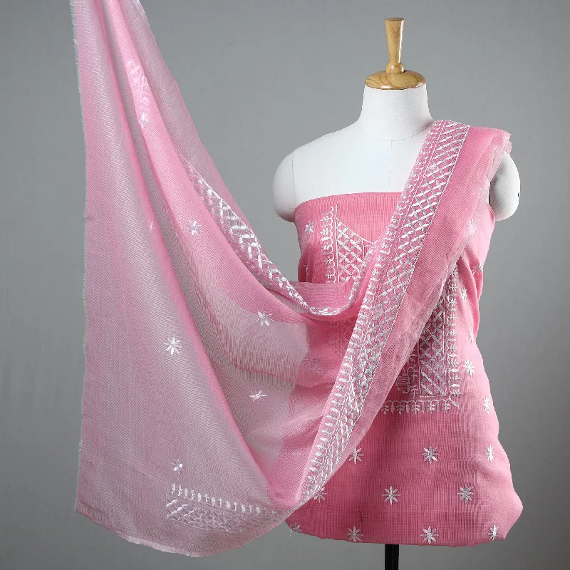 Epic Deals Pink - 3pc Kota Doria Cotton Embroidered Suit Material Set 14