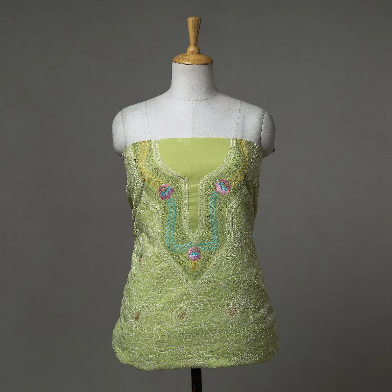 Blowout Deals Green - Lucknow Chikankari with Parsi Style Embroidered Cotton Kurta Material - 2.95 Meter
