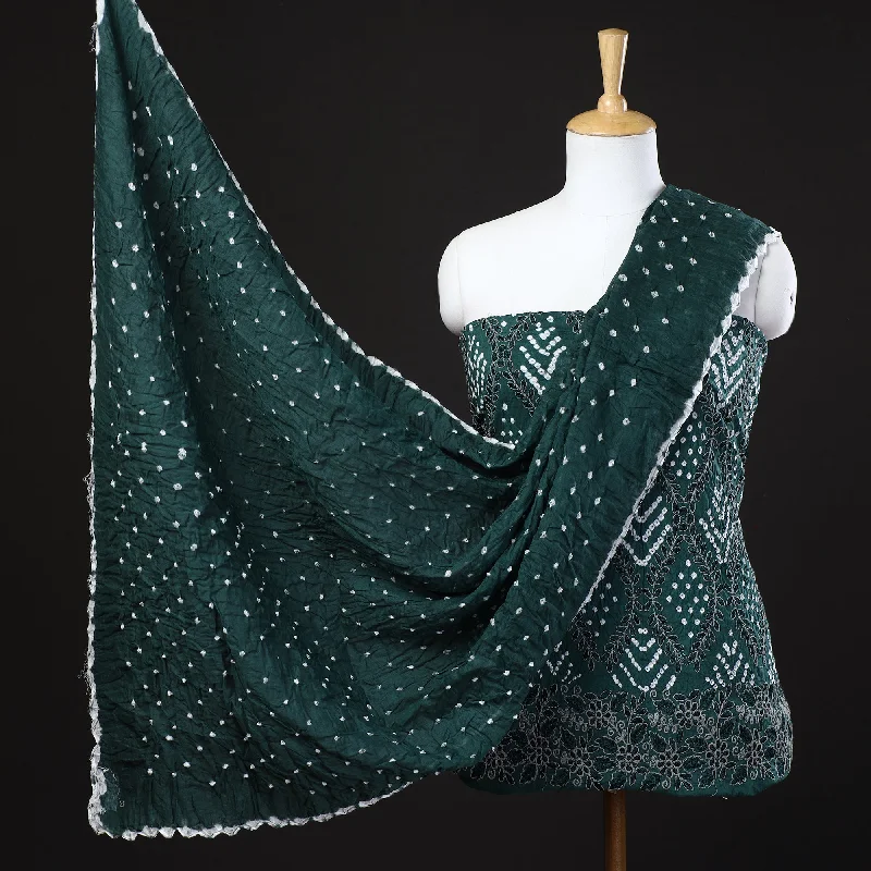 Season Finale Sale Green - 3pc Kutch Bandhani Tie-Dye Mirror Work Satin Cotton Suit Material Set Season Finale Sale Green - 3pc Kutch Bandhani Tie-Dye Mirror Work Satin Cotton Suit Material Set