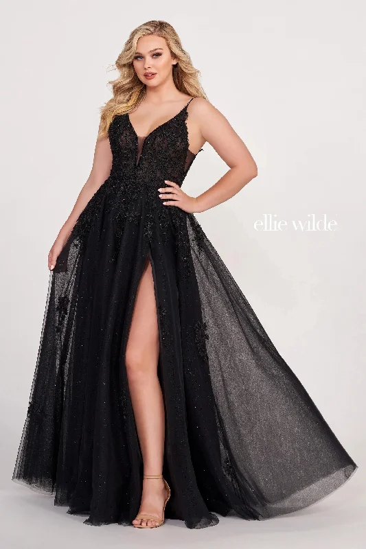 Overstock Sale Ellie Wilde EW122102 Long A Line Formal Glitter Slit Prom Dress
