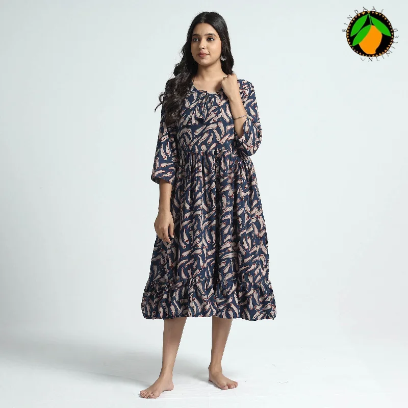 Clearance Sale Blue - Bindaas Art Block Printed Cotton Dress