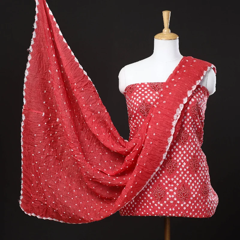 Stock Clearance Red - 3pc Kutch Bandhani Tie-Dye Satin Cotton Suit Material Set