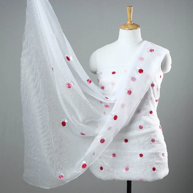 Super Deal White - 3pc Cotton Embroidered Kota Doria Dress Material 04