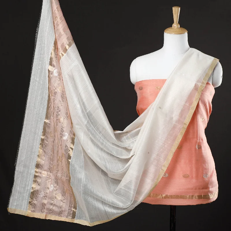 Limited Quantity Peach -2pc Chanderi Silk Cotton Handloom Flower Zari Buta Suit Material Set