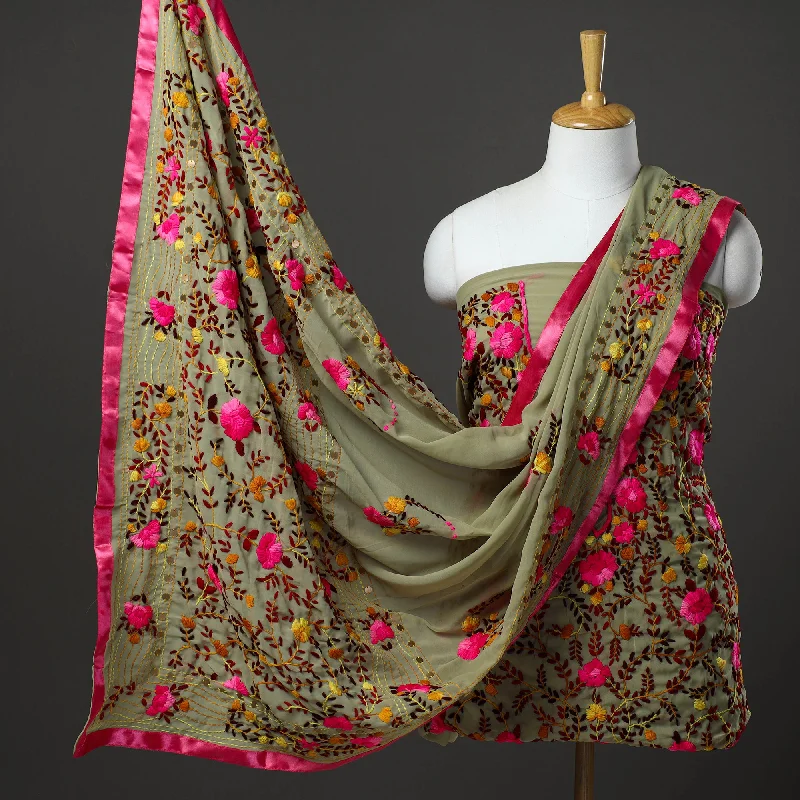 Limited Quantity Green - 3pc Hand Embroidery Georgette Phulkari Dress Material 01