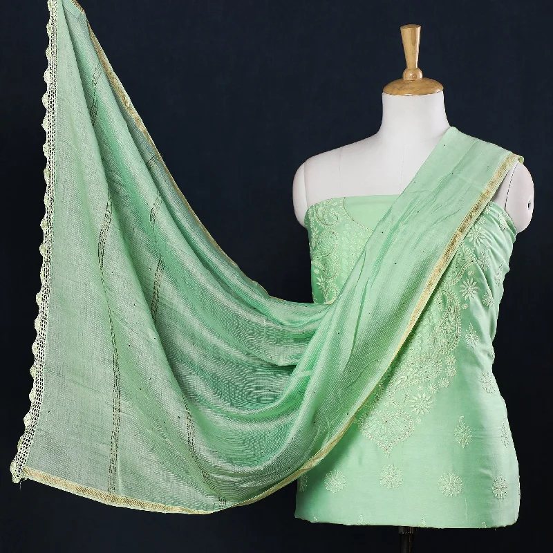 Blowout Sale Green - 2pc Hand Embroidery Chanderi Silk Chikankari Dress Material